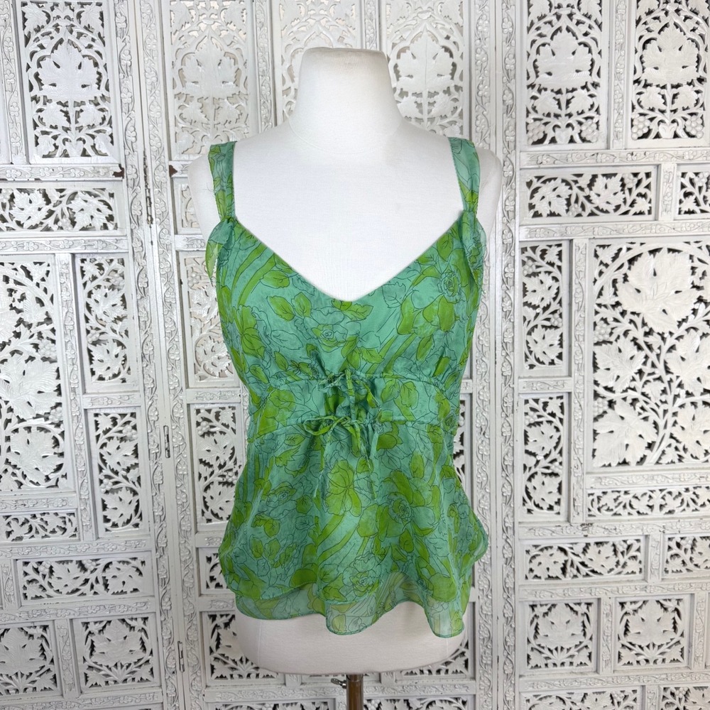 Anthropologie Odille 100% Silk Y2K Green Tank Top Womens 10 Floral Babydoll